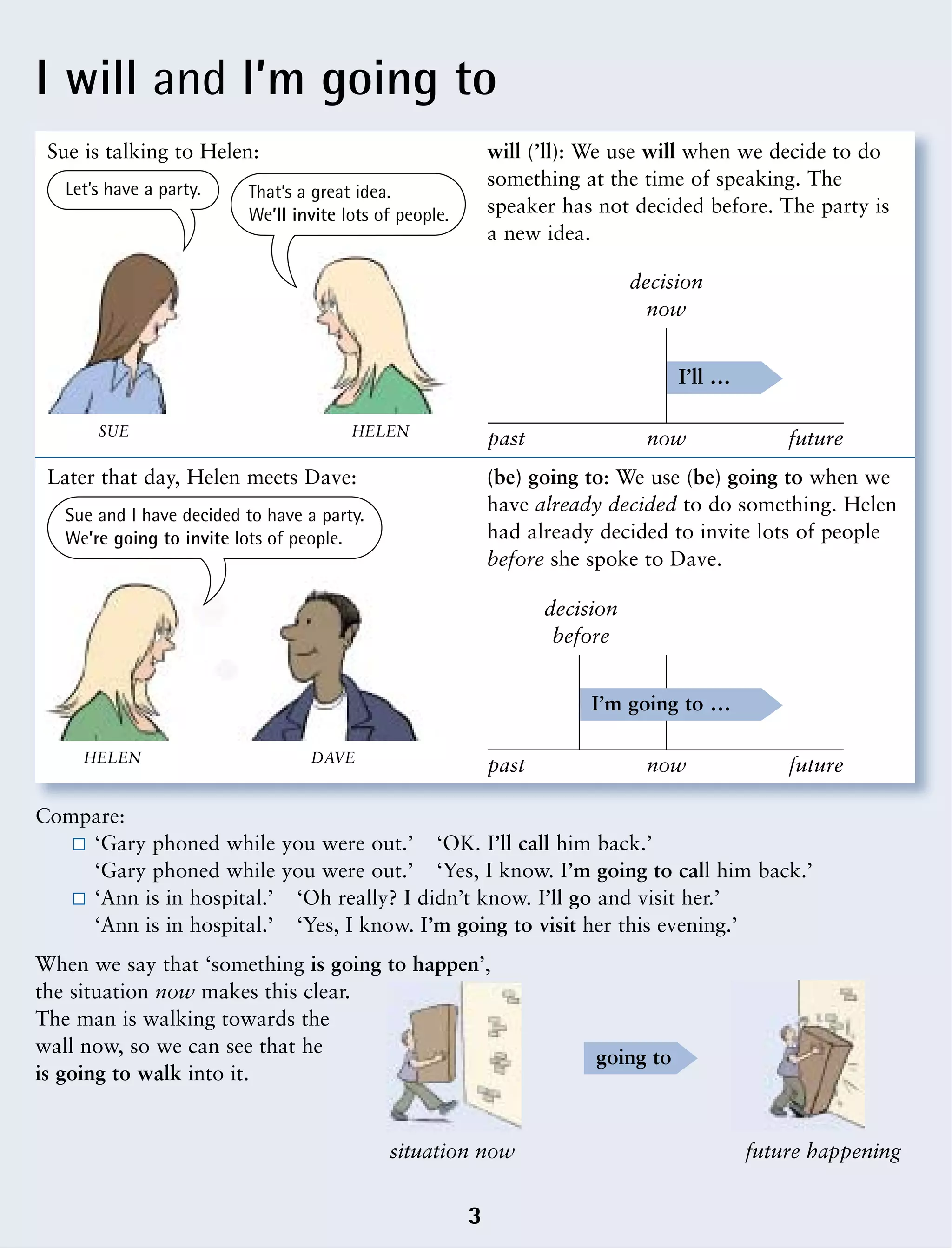 I will and I’m going to
3
Compare:
‘Gary phoned while you were out.’ ‘OK. I’ll call him back.’
‘Gary phoned while you were out.’ ‘Yes, I know. I’m going to call him back.’
‘Ann is in hospital.’ ‘Oh really? I didn’t know. I’ll go and visit her.’
‘Ann is in hospital.’ ‘Yes, I know. I’m going to visit her this evening.’
When we say that ‘something is going to happen’,
the situation now makes this clear.
The man is walking towards the
wall now, so we can see that he
is going to walk into it.
Sue is talking to Helen: will (’ll): We use will when we decide to do
something at the time of speaking. The
speaker has not decided before. The party is
a new idea.
(be) going to: We use (be) going to when we
have already decided to do something. Helen
had already decided to invite lots of people
before she spoke to Dave.
Later that day, Helen meets Dave:
I’ll …
past now future
decision
now
past now future
decision
before
I’m going to …
SUE HELEN
HELEN DAVE
Let’s have a party. That’s a great idea.
We’ll invite lots of people.
Sue and I have decided to have a party.
We’re going to invite lots of people.
going to
situation now future happening
 