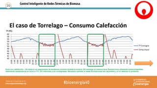 El caso de Torrelago – Consumo Calefacción
20
40
42
44
46
48
50
52
54
56
58
60
0:00
1:30
3:00
4:30
6:00
7:30
9:00
10:30
12:00
13:30
15:00
16:30
18:00
19:30
21:00
22:30
0:00
1:30
3:00
4:30
6:00
7:30
9:00
10:30
12:00
13:30
15:00
16:30
18:00
19:30
21:00
22:30
0:00
1:30
3:00
4:30
6:00
7:30
9:00
10:30
Tª (ºC)
Tª Consigna
Temp Impul
Zona con calefacción – Se observa un seguimiento de tendencia correcto durante el horario. Sin embargo el sistema tiene fluctuaciones altamente subamortiguadas,
obteniendo temperaturas en torno a 1ºC- 2ºC inferiores a las consignadas. Necesario estudiar si estas fluctuaciones son asumibles y si no detectar el problema
 