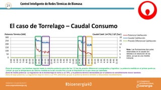 El caso de Torrelago – Caudal Consumo
21
0
3
6
9
12
15
18
0
50
100
150
200
250
300
0:00
1:45
3:30
5:15
7:00
8:45
10:30
12:15
14:00
15:45
17:30
19:15
21:00
22:45
0:30
2:15
4:00
5:45
7:30
9:15
11:00
12:45
14:30
16:15
18:00
19:45
21:30
23:15
1:00
2:45
4:30
6:15
8:00
9:45
11:30
Caudal Calef. (m3/h) / ΔP (bar)Potencia Térmica (kW) Potencia Calefacción
Caudal Calefacción
Presión Diferencial Calefacción
Zona de arranque: Las bombas regulan hasta la máxima potencia para dar los 1,5 bar de presión diferencial consignados y logrados. La potencia medida en el primer punto es
‘virtual’ ya que la temperatura de retorno medida es la del circuito frío y la de la impulsión es la que viene ya calentada.
Zona de media potencia: La regulación de la bomba baja en torno a un 15%, y la potencia térmica demandada por el sistema es sensiblemente menor también.
Zona de baja potencia: La regulación baja en torno a un 15% adicional, ya que la potencia térmica también a descendido sensiblemente.
Nota: Las fluctuaciones tipo pulso
observadas en el caudal son
debidas a la resolución de los
datos, ya que es una medida
indirecta
 