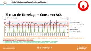 El caso de Torrelago – Consumo ACS
23
Control por consigna ACS inferior. Cuando se baja de la consigna de ACS se abre el tanque y cuando se llega a la consigna superior se cierra la válvula. Las caídas de
temperatura en los depósitos son menores (3ºC como mucho)
Peligro: Sobrepicos de 2 ºC en los depósitos (no preocupante).
La optimización de primer nivel sería un control continuo (control inteligente) y no por diferencias (control lógico).
La optimización de segundo nivel pasaría por un algoritmo predictivo (autoaprendizaje), dada la periodicidad.
40
45
50
55
60
0
20
40
60
80
100
0:15
2:00
4:00
6:00
8:00
10:00
12:00
14:00
16:00
18:00
20:00
22:00
0:00
2:00
4:00
6:00
8:00
10:00
12:00
14:00
16:00
18:00
20:00
22:00
0:00
2:00
4:00
6:00
8:00
Tª Depósito (ºC)Orden / Posición V2V (%)
Orden V2V ACS
Posición Real V2V ACS
Tª ACS
Consigna ACS
Límite Superior
 