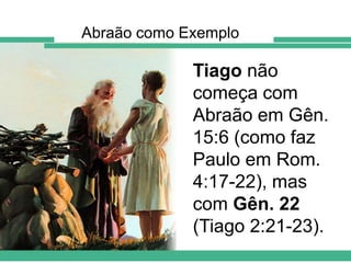 Abraão como Exemplo

Tiago não
começa com
Abraão em Gên.
15:6 (como faz
Paulo em Rom.
4:17-22), mas
com Gên. 22
(Tiago 2:21-23).

 