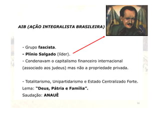 AIB (AÇÃO INTEGRALISTA BRASILEIRA) 
- Grupo fascista. 
- Plínio Salgado (líder). 
11 
- Condenavam o capitalismo financeiro internacional 
(associado aos judeus) mas não a propriedade privada. 
- Totalitarismo, Unipartidarismo e Estado Centralizado Forte. 
Lema: “Deus, Pátria e Família”. 
Saudação: ANAUÊ 
 