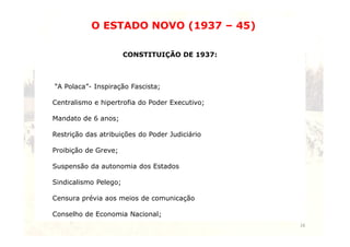 O ESTADO NOVO (1937 – 45) 
CONSTITUIÇÃO DE 1937: 
“A Polaca”- Inspiração Fascista; 
Centralismo e hipertrofia do Poder Executivo; 
Mandato de 6 anos; 
16 
Restrição das atribuições do Poder Judiciário 
Proibição de Greve; 
Suspensão da autonomia dos Estados 
Sindicalismo Pelego; 
Censura prévia aos meios de comunicação 
Conselho de Economia Nacional; 
 