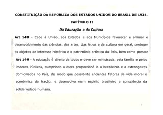 CONSTITUIÇÃO DA REPÚBLICA DOS ESTADOS UNIDOS DO BRASIL DE 1934. 
CAPÍTULO II 
Da Educação e da Cultura 
Art 148 - Cabe à União, aos Estados e aos Municípios favorecer e animar o 
desenvolvimento das ciências, das artes, das letras e da cultura em geral, proteger 
os objetos de interesse histórico e o patrimônio artístico do País, bem como prestar 
assistência ao trabalhador Art 149 - A educação é diirneteitloecdteuatlo.dos e deve ser ministrada, pela família e pelos 
aAssrtist1ê4n9cia- Aaoetdruacbaaçlhãaodéordiirneteitloecdteuatlo.Poderes Públicos, cumprindo a estes proporcioná-la a brasileiros e a estrangeiros 
domiciliados no País, de modo que possibilite eficientes fatores da vida moral e 
econômica da Nação, e desenvolva num espírito brasileiro a consciência da 
solidariedade humana. 
7 
 