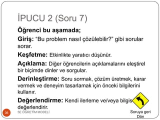 ĠPUCU 2 (Soru 7)
5E ÖĞRETĠM MODELĠ36
Öğrenci bu aşamada;
Giriş: “Bu problem nasıl çözülebilir?” gibi sorular
sorar.
Keşfetme: Etkinlikte yaratıcı düĢünür.
Açıklama: Diğer öğrencilerin açıklamalarını eleĢtirel
bir biçimde dinler ve sorgular.
Derinleştirme: Soru sormak, çözüm üretmek, karar
vermek ve deneyim tasarlamak için önceki bilgilerini
kullanır.
Değerlendirme: Kendi ilerleme ve/veya bilgisini
değerlendirir.
Soruya geri
Dön
 