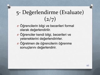 5- Değerlendirme (Evaluate)
(2/7)
O Öğrencilerin bilgi ve becerileri formal
olarak değerlendirilir.
O Öğrenciler kendi bilgi, becerileri ve
yeteneklerini değerlendirirler.
O Öğretmen de öğrencilerin öğrenme
sonuçlarını değerlendirir.
60
 