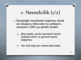 1- Nesnelcilik (1/2)
O Gerçekliğin insanlardan bağımsız olarak
var olduğunu iddia eden bu yaklaĢımı,
Jonassen (1991) Ģu Ģekilde özetler:
a) Bilgi sabittir, çünkü nesnelerin temel
özelikleri bilinir ve göreceli olarak
değiĢmez.
b) Her türlü bilgi tam olarak aktarılabilir.
10
 
