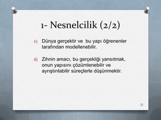 1- Nesnelcilik (2/2)
c) Dünya gerçektir ve bu yapı öğrenenler
tarafından modellenebilir.
d) Zihnin amacı, bu gerçekliği yansıtmak,
onun yapısını çözümlenebilir ve
ayrıĢtırılabilir süreçlerle düĢünmektir.
11
 