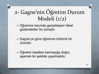 2- Gagne’nin Öğretim Durum
Modeli (1/2)
O Öğrenme beyinde gerçekleĢen fakat
gözlenebilen bir süreçtir.
O Gagne‟ye göre öğrenme birikimli bir
üründür.
O Öğretim basitten karmaĢığa doğru
aĢamalı bir Ģekilde yapılmalıdır.
19
 
