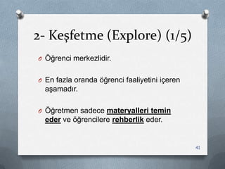 2- Keşfetme (Explore) (1/5)
O Öğrenci merkezlidir.
O En fazla oranda öğrenci faaliyetini içeren
aĢamadır.
O Öğretmen sadece materyalleri temin
eder ve öğrencilere rehberlik eder.
41
 