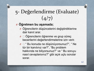 5- Değerlendirme (Evaluate)
(4/7)
O Öğretmen bu aşamada;
O Öğrencilerin düĢüncelerini değiĢtirdiklerine
dair kanıt arar.
O —Öğrencilerin öğrenme ve grup süreç
becerilerini değerlendirmelerine izin verir.
O —“ Bu konuda ne düĢünüyorsunuz?”, “ Ne
tür bir kanıtınız var?”, “Bu problem
hakkında ne biliyorsunuz?” ve “ Bu soruyu
nasıl cevaplarsınız?” gibi açık uçlu sorular
sorar.
62
 