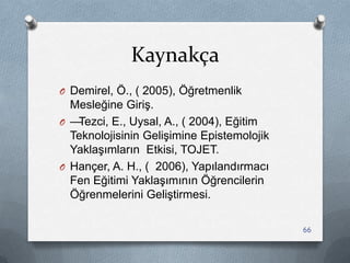 Kaynakça
O Demirel, Ö., ( 2005), Öğretmenlik
Mesleğine GiriĢ.
O —Tezci, E., Uysal, A., ( 2004), Eğitim
Teknolojisinin GeliĢimine Epistemolojik
YaklaĢımların Etkisi, TOJET.
O Hançer, A. H., ( 2006), Yapılandırmacı
Fen Eğitimi YaklaĢımının Öğrencilerin
Öğrenmelerini GeliĢtirmesi.
66
 