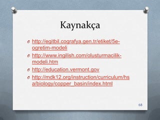 Kaynakça
O http://egitbil.cografya.gen.tr/etiket/5e-
ogretim-modeli
O http://www.ingilish.com/olusturmacilik-
modeli.htm
O http://education.vermont.gov
O http://mdk12.org/instruction/curriculum/hs
a/biology/copper_basin/index.html
68
 