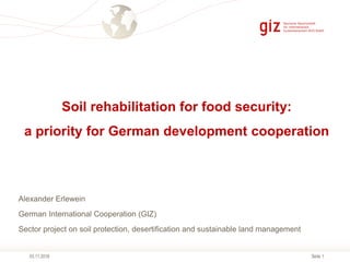 Seite 1
Soil rehabilitation for food security:
a priority for German development cooperation
03.11.2018
Alexander Erlewein
German International Cooperation (GIZ)
Sector project on soil protection, desertification and sustainable land management
 