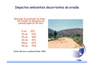 2
Impactos ambientais decorrentes da erosão
Redução da produção de milho
em função do desgaste da
camada superior do solo.
5 cm 15%
10 cm 22%
15 cm 30%
20 cm 41%
25cm 57%
30 cm 75%
Fonte: Bertoni e Lombardi Neto, 1990
 