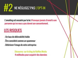 #2 NE NÉGLIGEZ PAS L'OPT-IN
LES RISQUES
- Un taux de délivrabilité faible
- Être considéré comme un spammeur
- Détériorer l'image de votre entreprise
Découvrez sur le blog de Raffles Media
4 méthodes pour acquérir des données
L'emailing est encadré par la loi. N'envoyez jamais d'email à une
personne qui ne vous a pas donné son consentement.
 