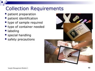Sample Management-Module 5 13
Collection Requirements
 patient preparation
 patient identification
 type of sample required
 type of container needed
 labeling
 special handling
 safety precautions
 