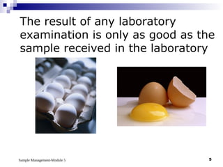 Sample Management-Module 5 5
The result of any laboratory
examination is only as good as the
sample received in the laboratory
 