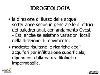 IDROGEOLOGIA la direzione di flusso delle acque sotterranee segue in generale le direttrici dei palodrenaggi, con andamento Ovest - Est, anche se esistono variazioni locali nella direzione di movimento, modeste risultano le ricariche degli acquiferi per infiltrazione superficiale, dipendenti dalla natura litologica impermeabile. 