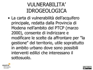 VULNERABILITA’ IDROGEOLOGICA La carta di vulnerabilità dell’acquifero principale, redatta dalla Provincia di Modena nell’ambito del PTCP (marzo 2000), consente di indirizzare e modificare le scelte da affrontare per "la gestione" del territorio, utile soprattutto in ambito urbano dove sono possibili interventi edilizi che interessano il sottosuolo. 