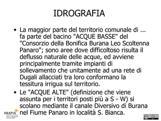 IDROGRAFIA  La maggior parte del territorio comunale di ... fa parte del bacino "ACQUE BASSE" del "Consorzio della Bonifica Burana Leo Scoltenna Panaro"; sono aree dove difficoltoso risulta il deflusso naturale delle acque, ed avviene principalmente tramite impianti di sollevamento che unitamente ad una rete di Dugali allacciati tra loro conformano la tessitura irrigua sul territorio.  Le "ACQUE ALTE" (definizione che viene assunta per i territori posti più a S - W) si scolano mediante il canale Diversivo di Burana nel Fiume Panaro in località S. Bianca. 