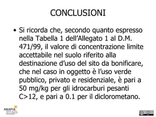 CONCLUSIONI Si ricorda che, secondo quanto espresso nella Tabella 1 dell’Allegato 1 al D.M. 471/99, il valore di concentrazione limite accettabile nel suolo riferito alla destinazione d’uso del sito da bonificare, che nel caso in oggetto è l’uso verde pubblico, privato e residenziale, è pari a 50 mg/kg per gli idrocarburi pesanti C>12, e pari a 0.1 per il diclorometano. 