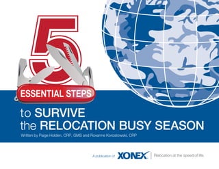 ESSENTIAL STEPS

to SURVIVE
the RELOCATION BUSY SEASON
Written by Paige Holden, CRP, GMS and Roxanne Korostowski, CRP




                                      A publication of           Relocation at the speed of life.
 
