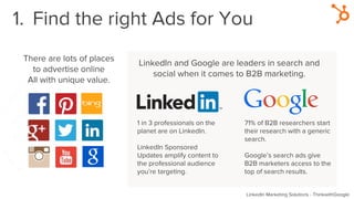 1. Find the right Ads for You
There are lots of places
to advertise online
All with unique value.
LinkedIn and Google are ...