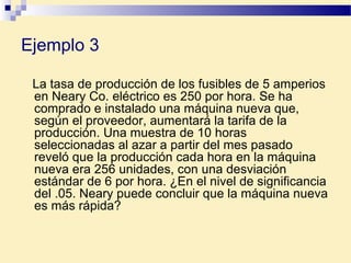 Ejemplo 3
La tasa de producción de los fusibles de 5 amperios
en Neary Co. eléctrico es 250 por hora. Se ha
comprado e instalado una máquina nueva que,
según el proveedor, aumentará la tarifa de la
producción. Una muestra de 10 horas
seleccionadas al azar a partir del mes pasado
reveló que la producción cada hora en la máquina
nueva era 256 unidades, con una desviación
estándar de 6 por hora. ¿En el nivel de significancia
del .05. Neary puede concluir que la máquina nueva
es más rápida?
 