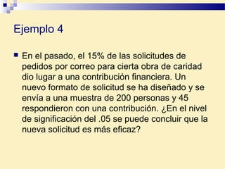 Ejemplo 4
 En el pasado, el 15% de las solicitudes de
pedidos por correo para cierta obra de caridad
dio lugar a una contribución financiera. Un
nuevo formato de solicitud se ha diseñado y se
envía a una muestra de 200 personas y 45
respondieron con una contribución. ¿En el nivel
de significación del .05 se puede concluir que la
nueva solicitud es más eficaz?
 