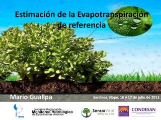 Estimación de la Evapotranspiración
de referencia
Mario Guallpa Sardinas, Napo, 16 y 17 de julio de 2013
 