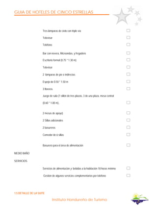 GUIA DE HOTELES DE CINCO ESTRELLAS
Instituto Hondureño de Turismo
Tres lámparas de cielo con triple vía
Televisor
Teléfono
Bar con nevera, Microondas, y fregadero
Escritorio formal (0.75 * 1.30 m)
Televisor
2 lámparas de pie o indirectas
Espejo de 0.50 * 1.50 m
3 floreros
Juego de sala (1 sillón de tres plazas, 3 de una plaza, mesa central
(0.60 * 1.00 m),
2 mesas de apoyo)
2 Sillas adicionales
2 basureros
Comedor de 6 sillas
Basurero para el área de alimentación
MEDIO BAÑO
SERVICIOS
Servicios de alimentación y bebidas a la habitación 18 horas mínimo
Gestión de algunos servicios complementarios por teléfono
1.5 DETALLE DE LA SUITE
 