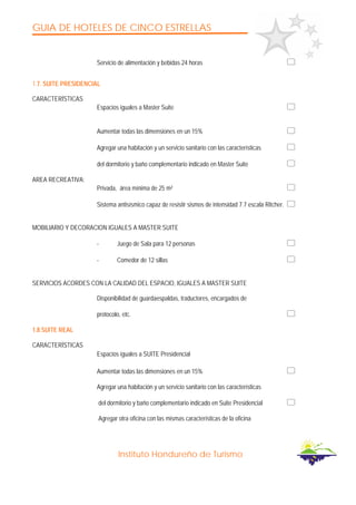 GUIA DE HOTELES DE CINCO ESTRELLAS
Instituto Hondureño de Turismo
Servicio de alimentación y bebidas 24 horas
1.7. SUITE PRESIDENCIAL
CARACTERÍSTICAS
Espacios iguales a Master Suite
Aumentar todas las dimensiones en un 15%
Agregar una habitación y un servicio sanitario con las características
del dormitorio y baño complementario indicado en Master Suite
AREA RECREATIVA:
Privada, área mínima de 25 m²
Sistema antisísmico capaz de resistir sismos de intensidad 7.7 escala Ritcher.
MOBILIARIO Y DECORACION IGUALES A MASTER SUITE
- Juego de Sala para 12 personas
- Comedor de 12 sillas
SERVICIOS ACORDES CON LA CALIDAD DEL ESPACIO, IGUALES A MASTER SUITE
Disponibilidad de guardaespaldas, traductores, encargados de
protocolo, etc.
1.8 SUITE REAL
CARACTERÍSTICAS
Espacios iguales a SUITE Presidencial
Aumentar todas las dimensiones en un 15%
Agregar una habitación y un servicio sanitario con las características
del dormitorio y baño complementario indicado en Suite Presidencial
Agregar otra oficina con las mismas características de la oficina
 
