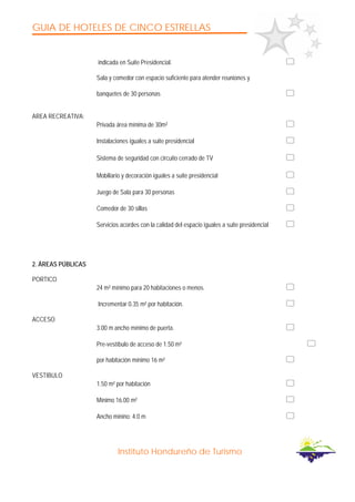 GUIA DE HOTELES DE CINCO ESTRELLAS
Instituto Hondureño de Turismo
indicada en Suite Presidencial.
Sala y comedor con espacio suficiente para atender reuniones y
banquetes de 30 personas
AREA RECREATIVA:
Privada área mínima de 30m²
Instalaciones iguales a suite presidencial
Sistema de seguridad con circuito cerrado de TV
Mobiliario y decoración iguales a suite presidencial
Juego de Sala para 30 personas
Comedor de 30 sillas
Servicios acordes con la calidad del espacio iguales a suite presidencial
2. ÁREAS PÚBLICAS
PORTICO
24 m² mínimo para 20 habitaciones o menos.
Incrementar 0.35 m² por habitación.
ACCESO
3.00 m ancho mínimo de puerta.
Pre-vestíbulo de acceso de 1.50 m²
por habitación mínimo 16 m²
VESTIBULO
1.50 m² por habitación
Mínimo 16.00 m²
Ancho minino: 4.0 m
 