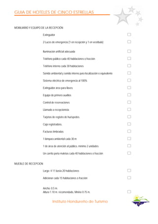 GUIA DE HOTELES DE CINCO ESTRELLAS
Instituto Hondureño de Turismo
MOBILIARIO Y EQUIPO DE LA RECEPCIÓN
Extinguidor
2 Luces de emergencia (1 en recepción y 1 en vestíbulo)
Iluminación artificial adecuada
Teléfono público cada 40 habitaciones o fracción
Teléfono interno cada 30 habitaciones
Sonido ambiental y sonido interno para localización o equivalente
Sistema eléctrico de emergencia al 100%
Extinguidor área para llaves
Equipo de primero auxilios
Control de reservaciones
Llamado a recepcionista
Tarjetas de registro de huéspedes
Caja registradora,
Facturas timbradas
1 lámpara ambiental cada 30 m
1 de área de atención al público, mínimo 2 unidades
Un carrito porta maletas cada 40 habitaciones o fracción
MUEBLE DE RECEPCION
Largo: 4 11 basta 20 habitaciones
Adicionar cada 15 habitaciones o fracción
Ancho: 0.5 m.
Altura 1.10 m. recomendado, Minino 0.75 m.
 