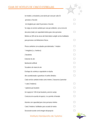 GUIA DE HOTELES DE CINCO ESTRELLAS
Instituto Hondureño de Turismo
Un inodoro, un lavatorio y una ducha por sexo por cada 35
personas o fracción
Un mingitorio por cada 55 personas o fracción
Se exige un servicio sanitario por sexo por ambiente, con un área de
descanso (sala) con capacidad mínima para cinco personas
Mínimo un 30% de las áreas del Hotel deben cumplir con las facilidades
para personas con limitaciones físicas.
Piezas sanitarias con acabados porcelanizados: 1 inodoro
1 mingitorio (s.s. hombres)
2 lavatorios
Extractor de aire
Iluminación artificial
Secadores de mano de aire
Enchape de cerámica o equivalente en ducha
Aire acondicionado o garantizar el confort climático
Cada servicio sanitario tendrá como mínimo: 2 basureros (aumentar
1 cada 2 inodoros)
1 jabonera por lavatorio
Un espejo de 1.00 m2 por lavatorio y uno de cuerpo
Ceniceros de acuerdo al espacio, si se permite el fumado
Asientos con capacidad para cinco personas mínimo
Cada 2 inodoros: facilidades para secado de manos
Decoración acorde con la imagen del proyecto
 