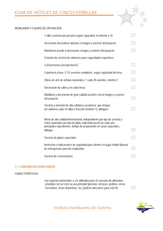 GUIA DE HOTELES DE CINCO ESTRELLAS
Instituto Hondureño de Turismo
MOBILIARIO Y EQUIPO DE OPERACIÓN
1 silla o asiento por persona según capacidad, no inferior a 18
Accesorios decorativos alusivos a imagen y carácter del proyecto
Mantelería acorde a decoración, imagen y carácter del proyecto
Estación de servicio de saloneros para capacidades superiores
a 20 personas (excepto bares)
Cubertería y loza: 2 1/2 servicios completos, según capacidad del área
Obras de arte de artistas nacionales, 1 cada 20 asientos, mínimo 2
Decoración de salón y en cada mesa.
Mobiliario y decoración de gran calidad acordes con la imagen y carácter
del proyecto
Servicio y atención de alta calidad y excelencia, que incluya:
Un salonero cada 10 sillas o fracción (mínimo 1), bilingües
Menú de alta calidad internacional, independiente por tipo de servicio y
éstos separados por tipo de plato, indicando precio de cada uno,
principales ingredientes, tiempo de preparación en casos especiales,
bilingüe.
Servicio de platos especiales
Instructivo e indicaciones de seguridad para clientes en lugar visible Manual
de emergencias para los empleados
Servicio de reservaciones
7.1. CONSUMO EN OTRAS ÁREAS
CARACTERÍSTICAS
Los espacios potenciales a ser utilizados para el consumo de alimentos
y bebidas sin ser éste su uso principal (piscinas, terrazas, jardines, áreas
recreativas, áreas deportivas. etc.) podrán adecuarse para este fin.
 