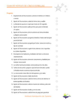 GUIA DE HOTELES DE CINCO ESTRELLAS
Instituto Hondureño de Turismo
Preguntas
1. Departamento de Reservaciones contestó el teléfono en 5 timbres
o menos
2. Agente de Reservaciones saludó de forma clara y audible
3. La llamada fue puesta en espera por menos de 30 segundos
4. Agente de Reservaciones pidió permiso para poner la llamada
en espera
5. Agente de Reservaciones ofreció asistencia de forma inmediata
y dirigió la conversación
6. Agente de Reservaciones preguntó al Analista si había sido huésped
previo del hotel
7. Agente de Reservaciones preguntó por fechas, número de noches y
tipo de acomodo
8. Agente de Reservaciones sugirió fechas alternas si las requeridas
no estaban disponibles
9. Descripción de la habitación y facilidades del hotel se ofrecieron
voluntariamente
10. Agente de Reservaciones demostró conocimiento y habilidad para
manejar conversación
11. Las tarifas fueron presentadas comenzando por las más altas
12. Tarifas de descuento o paquete especial fueron ofrecidos cuando
el Analista mostró resistencia al precio ofrecido.
13. La conversación estuvo libre de interrupciones y de ruidos
14. Agente de Reservaciones habló claramente
15. Agente de Reservaciones solicitó la forma correcta de deletrear el
nombre/apellidos del Analista
16. Agente de Reservaciones solicitó el número de teléfono y dirección
del Analista
17. Agente de Reservaciones facilitó y cerró la venta
18. Agente de Reservaciones solicitó forma de pago para garantizar
 