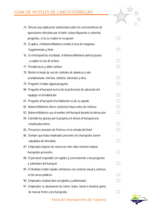 GUIA DE HOTELES DE CINCO ESTRELLAS
Instituto Hondureño de Turismo
74. Ofreció una explicación satisfactoria sobre los servicios/horas de
operaciones ofrecidas por el hotel; estuvo dispuesto a contestar
preguntas, si no se realizó en recepción
75. Si aplica, el Botones/Maletero señaló el área de máquinas
tragamonedas y hielo
76. Si el huésped fue escoltado, el Botones/Maletero abrió la puerta
y explicó el uso de la llave
77. Prendió luces y abrió cortinas
78. Mostró el modo de uso de controles de abanicos o aire
acondicionado, mini bar, teléfono, televisión y otros.
79. Preguntó si había alguna pregunta.
80. Preguntó al huésped acerca de la preferencia de ubicación del
equipaje en la habitación
81. Preguntó al huésped si la habitación es de su agrado
82. Botones/Maletero ofrece asistencia futura antes de retirarse
83. Botones/Maletero uso el nombre del huésped durante la interacción
84. Extendió las gracias por la propina y le deseó al huésped una
estadía placentera
85. Presencia constante de Porteros en la entrada del hotel
86. Siempre que hubo empleados presentes los Huéspedes fueron
saludados de inmediato
87. Empleados dejaron de conversar entre ellos mientras habían
huéspedes presentes
88. El personal respondió con rapidez y correctamente a las preguntas
y solicitudes del huésped
89. El Analista recibió saludos amistosos con contacto visual y sonrisas
en las áreas públicas
90. Empleados estaban bien arreglados y uniformados
91. Empleados se abstuvieron de comer, beber, fumar o masticar goma
de mascar frente a los huéspedes
 