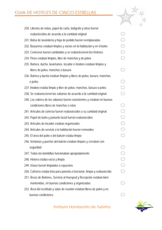 GUIA DE HOTELES DE CINCO ESTRELLAS
Instituto Hondureño de Turismo
230. Libretas de notas, papel de carta, bolígrafo y otros fueron
reabastecidos de acuerdo a la cantidad original
231. Bolsa de lavandería y hoja de pedido fueron reemplazadas
232. Basureros estaban limpios y vacíos en la habitación y en el baño
233. Ceniceros fueron cambiados y se reabastecieron los fósforos
234. Pisos estaban limpios, libre de manchas y de polvo
235. Bañera, ducha, lavamanos, tocador e inodoro estaban limpios y
libres de polvo, manchas o basura
236. Bañera y ducha estaban limpias y libres de polvo, basura, manchas
o pelos
237. Inodoro estaba limpio y libre de polvo, manchas, basura o pelos
238. Se reabastecieron las sábanas de acuerdo a la cantidad original
240. Los colores de las sábanas fueron consistentes y estaban en buenas
condiciones libres de manchas o rotos
241. Artículos de cortesía fueron reabastecidos a su cantidad original
242. Papel de baño y pañuelo facial fueron reabastecidos
243. Artículos de tocador estaban organizados
244. Artículos de servicio a la habitación fueron removidos
245. El área del patio o del balcón estaba limpia
246. Ventanas y puertas del balcón estaban limpias y cerraban con
seguridad
247. Todas las bombillas funcionaban apropiadamente
248. Hielera estaba vacía y limpia
249. Vasos fueron limpiados o repuestos
250. Cafetera estaba lista para ponerla a funcionar, limpia y reabastecida
251. Áreas de Botones, Servicio al Huésped y Recepción estaban bien
mantenidas, en buenas condiciones y organizadas
252. Área del vestíbulo y salas de reunión estaban libres de polvo y en
buenas condiciones
 