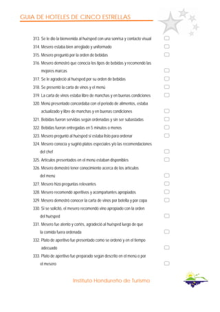 GUIA DE HOTELES DE CINCO ESTRELLAS
Instituto Hondureño de Turismo
313. Se le dio la bienvenida al huésped con una sonrisa y contacto visual
314. Mesero estaba bien arreglado y uniformado
315. Mesero preguntó por la orden de bebidas
316. Mesero demostró que conocía los tipos de bebidas y recomendó las
mejores marcas
317. Se le agradeció al huésped por su orden de bebidas
318. Se presentó la carta de vinos y el menú
319. La carta de vinos estaba libre de manchas y en buenas condiciones
320. Menú presentado concordaba con el periodo de alimentos, estaba
actualizado y libre de manchas y en buenas condiciones
321. Bebidas fueron servidas según ordenadas y sin ser subastadas
322. Bebidas fueron entregadas en 5 minutos o menos
323. Mesero preguntó al huésped si estaba listo para ordenar
324. Mesero conocía y sugirió platos especiales y/o las recomendaciones
del chef
325. Artículos presentados en el menú estaban disponibles
326. Mesero demostró tener conocimiento acerca de los artículos
del menú
327. Mesero hizo preguntas relevantes
328. Mesero recomendó aperitivos y acompañantes apropiados
329. Mesero demostró conocer la carta de vinos por botella y por copa
330. Si se solicitó, el mesero recomendó vino apropiado con la orden
del huésped
331. Mesero fue atento y cortés, agradeció al huésped luego de que
la comida fuera ordenada
332. Plato de aperitivo fue presentado como se ordenó y en el tiempo
adecuado
333. Plato de aperitivo fue preparado según descrito en el menú o por
el mesero
 