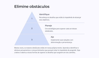 Elimine obstáculos
1
Identifique
Reconheça os desafios que estão te impedindo de alcançar
seus objetivos.
2
Planeje
Crie estratégias para superar cada um desses
obstáculos.
3
Aja
Implemente suas soluções com
determinação e perseverança.
Muitas vezes, os maiores obstáculos estão em nossa própria mente. Aprenda a identificar e
eliminar pensamentos e crenças limitantes que possam estar te impedindo de progredir. Seja
criativo e aberto a novas formas de superar os desafios que surgirem em seu caminho.
 