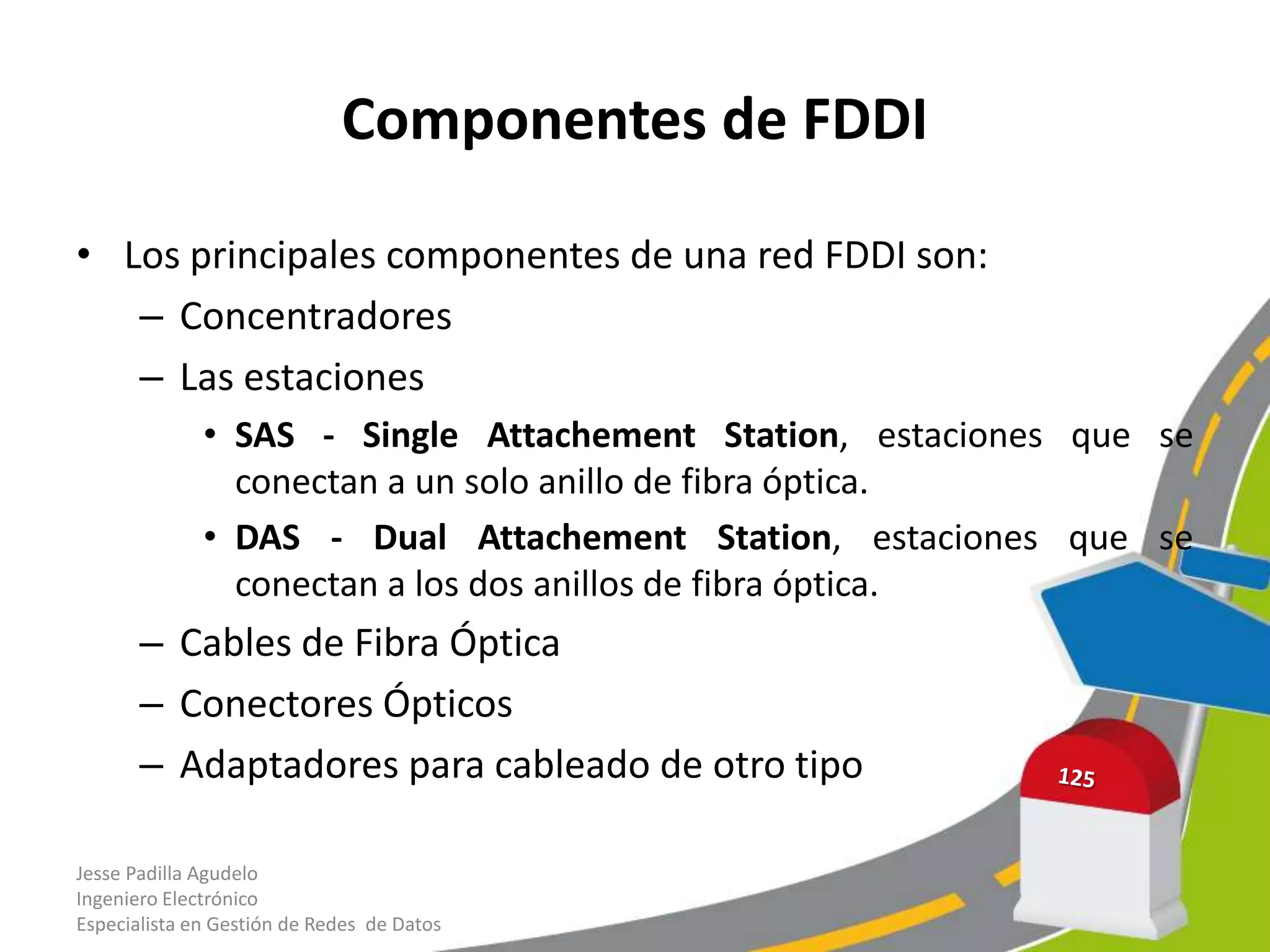 Componentes de FDDI

• Los principales componentes de una red FDDI son:
   – Concentradores
   – Las estaciones
              • SAS - Single Attachement Station, estaciones que se
                conectan a un solo anillo de fibra óptica.
              • DAS - Dual Attachement Station, estaciones que se
                conectan a los dos anillos de fibra óptica.
       – Cables de Fibra Óptica
       – Conectores Ópticos
       – Adaptadores para cableado de otro tipo

Jesse Padilla Agudelo
Ingeniero Electrónico
Especialista en Gestión de Redes de Datos
 