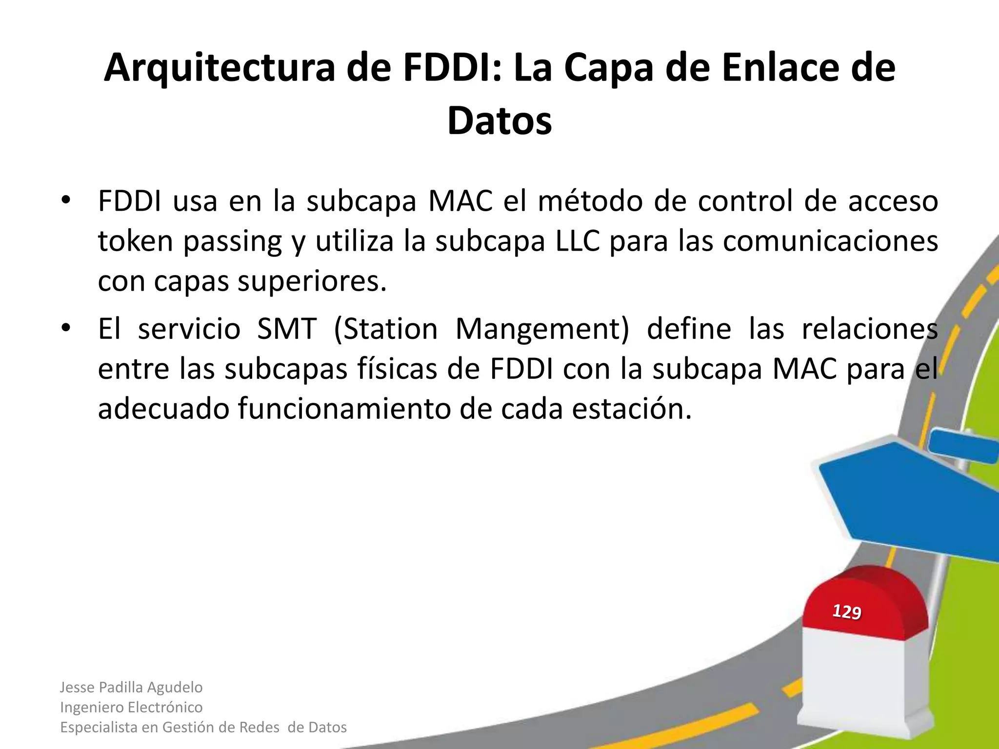 Arquitectura de FDDI: La Capa de Enlace de
                        Datos
• FDDI usa en la subcapa MAC el método de control de acceso
  token passing y utiliza la subcapa LLC para las comunicaciones
  con capas superiores.
• El servicio SMT (Station Mangement) define las relaciones
  entre las subcapas físicas de FDDI con la subcapa MAC para el
  adecuado funcionamiento de cada estación.




Jesse Padilla Agudelo
Ingeniero Electrónico
Especialista en Gestión de Redes de Datos
 