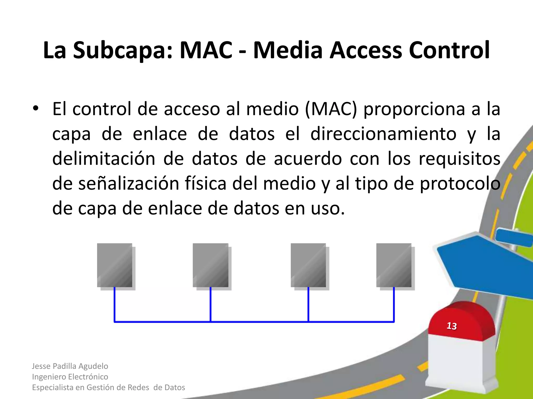 La Subcapa: MAC - Media Access Control

• El control de acceso al medio (MAC) proporciona a la
  capa de enlace de datos el direccionamiento y la
  delimitación de datos de acuerdo con los requisitos
  de señalización física del medio y al tipo de protocolo
  de capa de enlace de datos en uso.




Jesse Padilla Agudelo
Ingeniero Electrónico
Especialista en Gestión de Redes de Datos
 