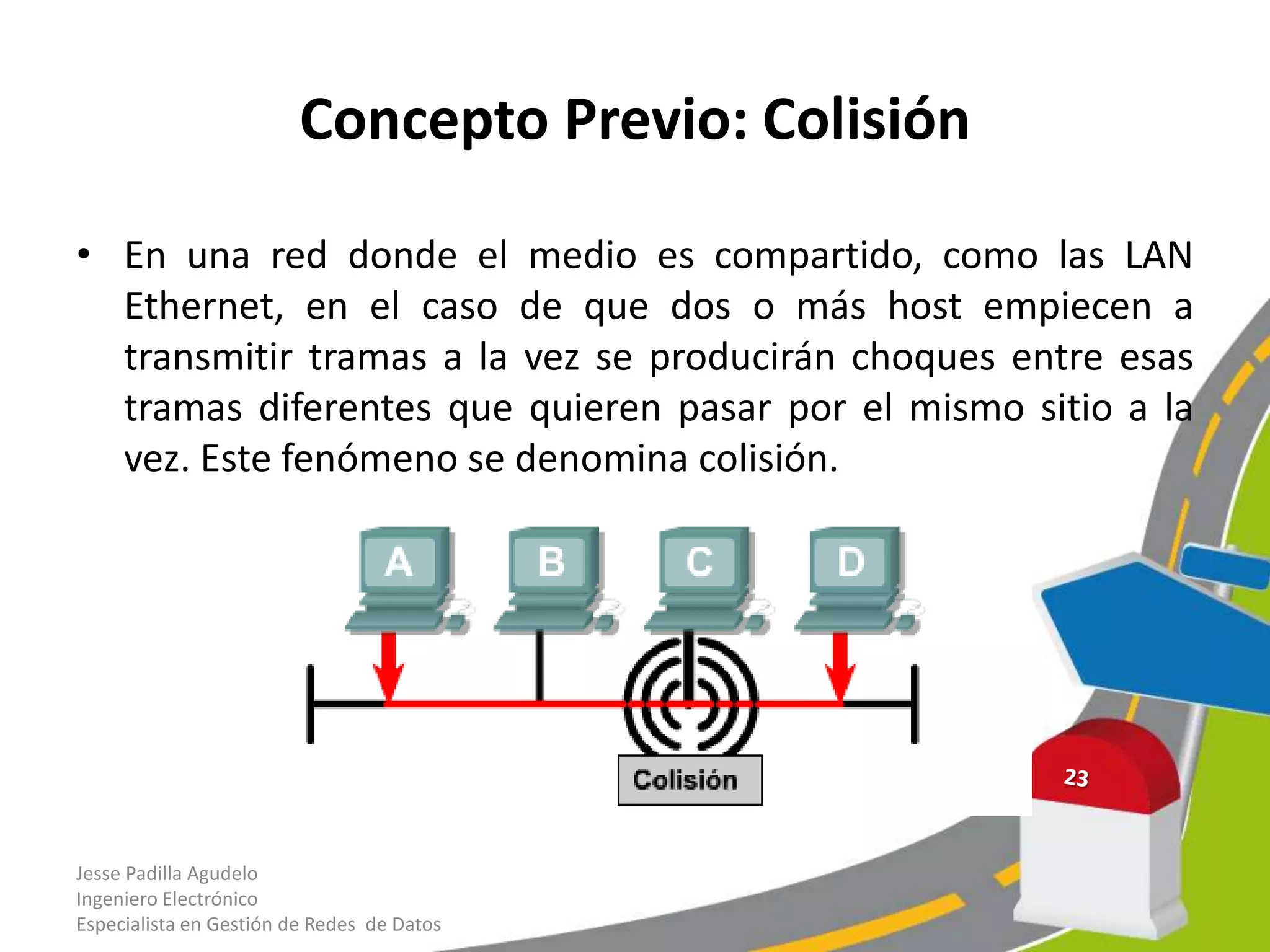 Concepto Previo: Colisión

• En una red donde el medio es compartido, como las LAN
  Ethernet, en el caso de que dos o más host empiecen a
  transmitir tramas a la vez se producirán choques entre esas
  tramas diferentes que quieren pasar por el mismo sitio a la
  vez. Este fenómeno se denomina colisión.




Jesse Padilla Agudelo
Ingeniero Electrónico
Especialista en Gestión de Redes de Datos
 