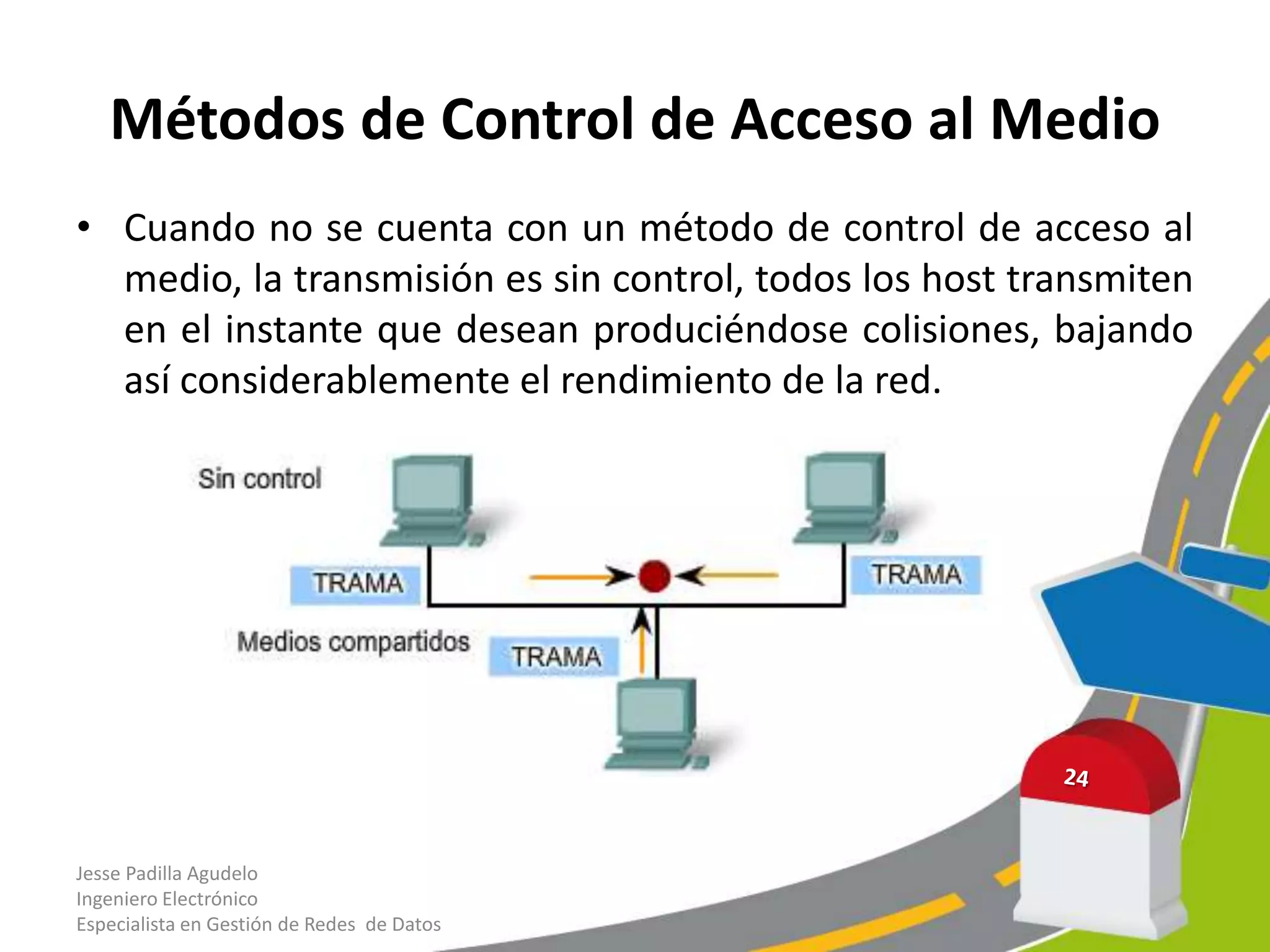Métodos de Control de Acceso al Medio
• Cuando no se cuenta con un método de control de acceso al
  medio, la transmisión es sin control, todos los host transmiten
  en el instante que desean produciéndose colisiones, bajando
  así considerablemente el rendimiento de la red.




Jesse Padilla Agudelo
Ingeniero Electrónico
Especialista en Gestión de Redes de Datos
 