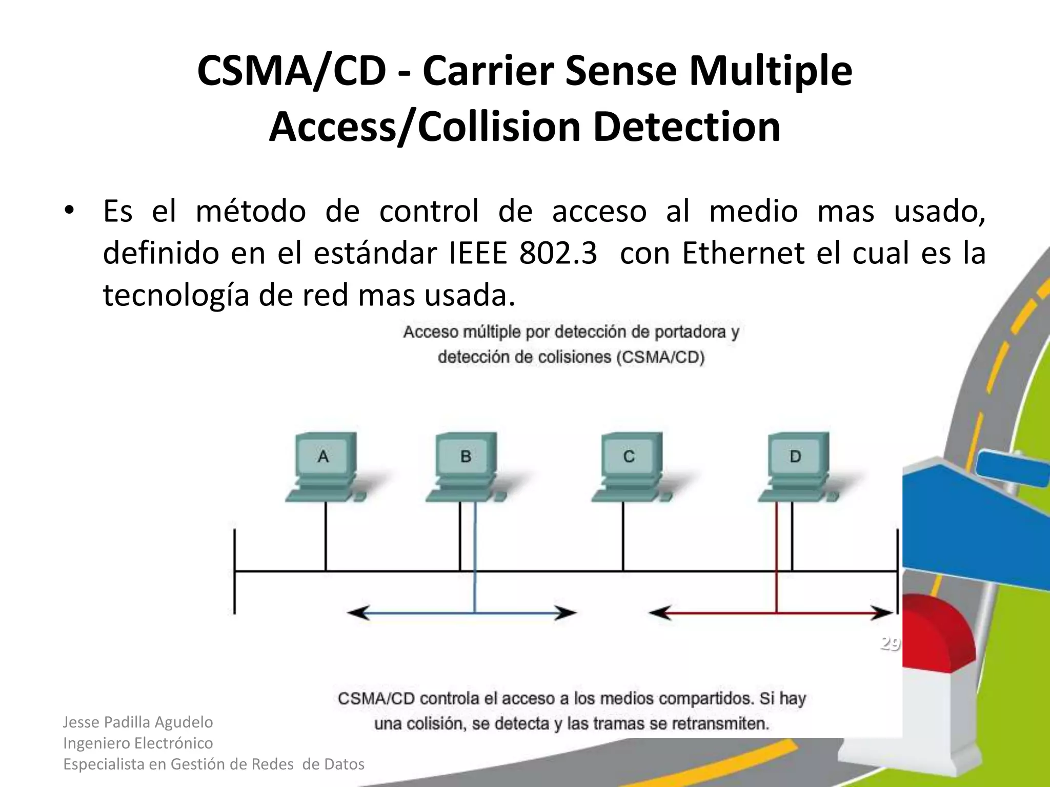 CSMA/CD - Carrier Sense Multiple
                     Access/Collision Detection
• Es el método de control de acceso al medio mas usado,
  definido en el estándar IEEE 802.3 con Ethernet el cual es la
  tecnología de red mas usada.




Jesse Padilla Agudelo
Ingeniero Electrónico
Especialista en Gestión de Redes de Datos
 