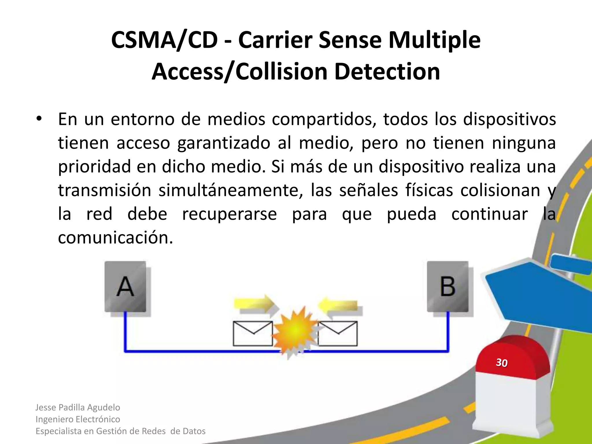 CSMA/CD - Carrier Sense Multiple
                     Access/Collision Detection
• En un entorno de medios compartidos, todos los dispositivos
  tienen acceso garantizado al medio, pero no tienen ninguna
  prioridad en dicho medio. Si más de un dispositivo realiza una
  transmisión simultáneamente, las señales físicas colisionan y
  la red debe recuperarse para que pueda continuar la
  comunicación.




Jesse Padilla Agudelo
Ingeniero Electrónico
Especialista en Gestión de Redes de Datos
 