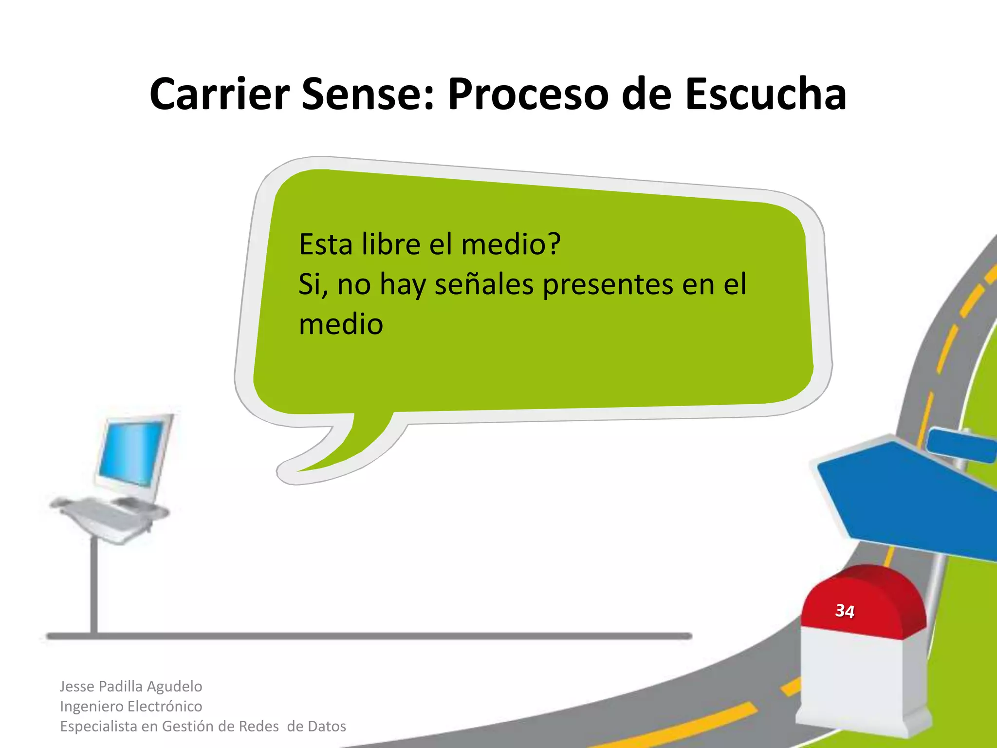 Carrier Sense: Proceso de Escucha

                                  Esta libre el medio?
                                  Si, no hay señales presentes en el
                                  medio




Jesse Padilla Agudelo
Ingeniero Electrónico
Especialista en Gestión de Redes de Datos
 